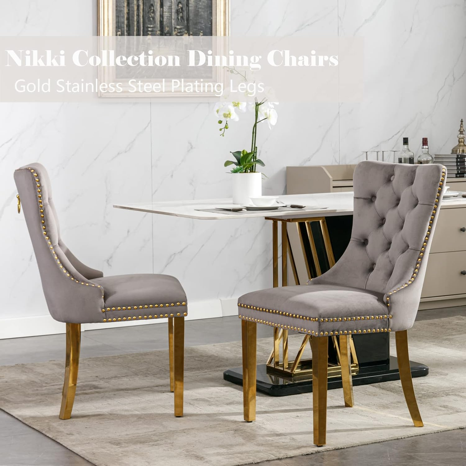 Grey Velvet Dining Chairs Set of 2, Upholstered Dining Room Chairs with Back Ring Pull Trim and Golden Stainless Steel Legs,Modern Kitchen Chairs for Dining Room,Living Room,Kitchen(Grey)