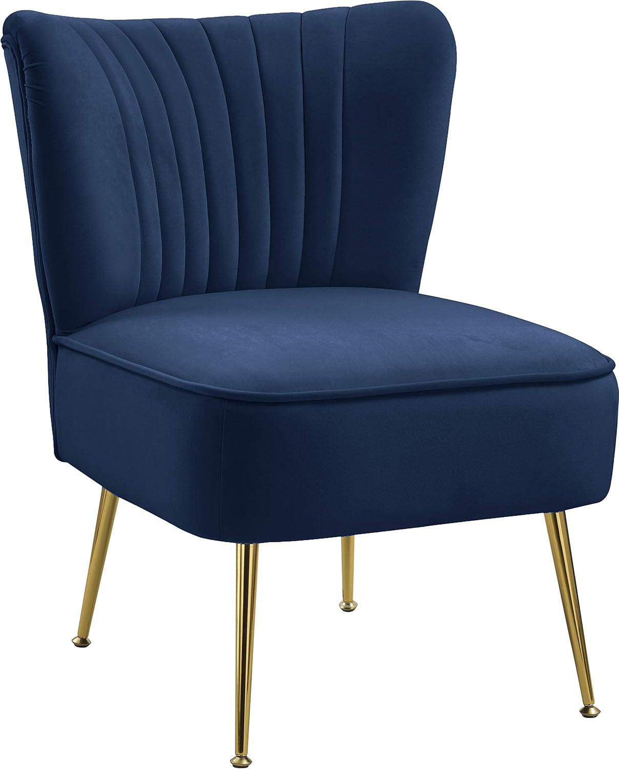 Meridian Furniture Tess Collection Modern | Contemporary Velvet Upholstered Accent Chair with Deep Channel Tufting and Custom Gold Steel Legs, 22.5" W x 26.5" D x 29.5" H, Navy