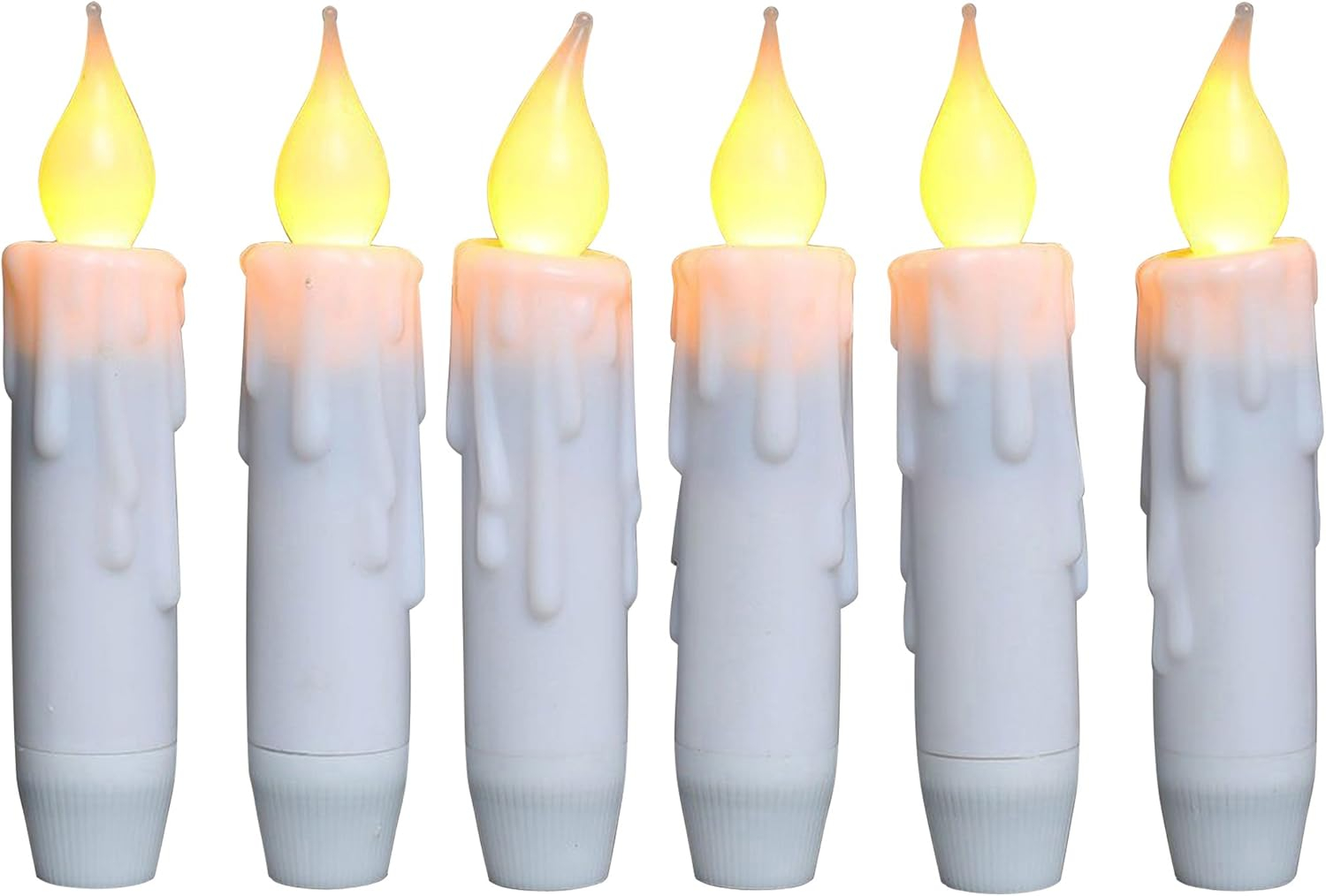 CVHOMEDECO. Flickering Taper Candles LED Drip Flameless Candles, Battery Operated with Timer, White, 4-3/4 Inch, Set of 6