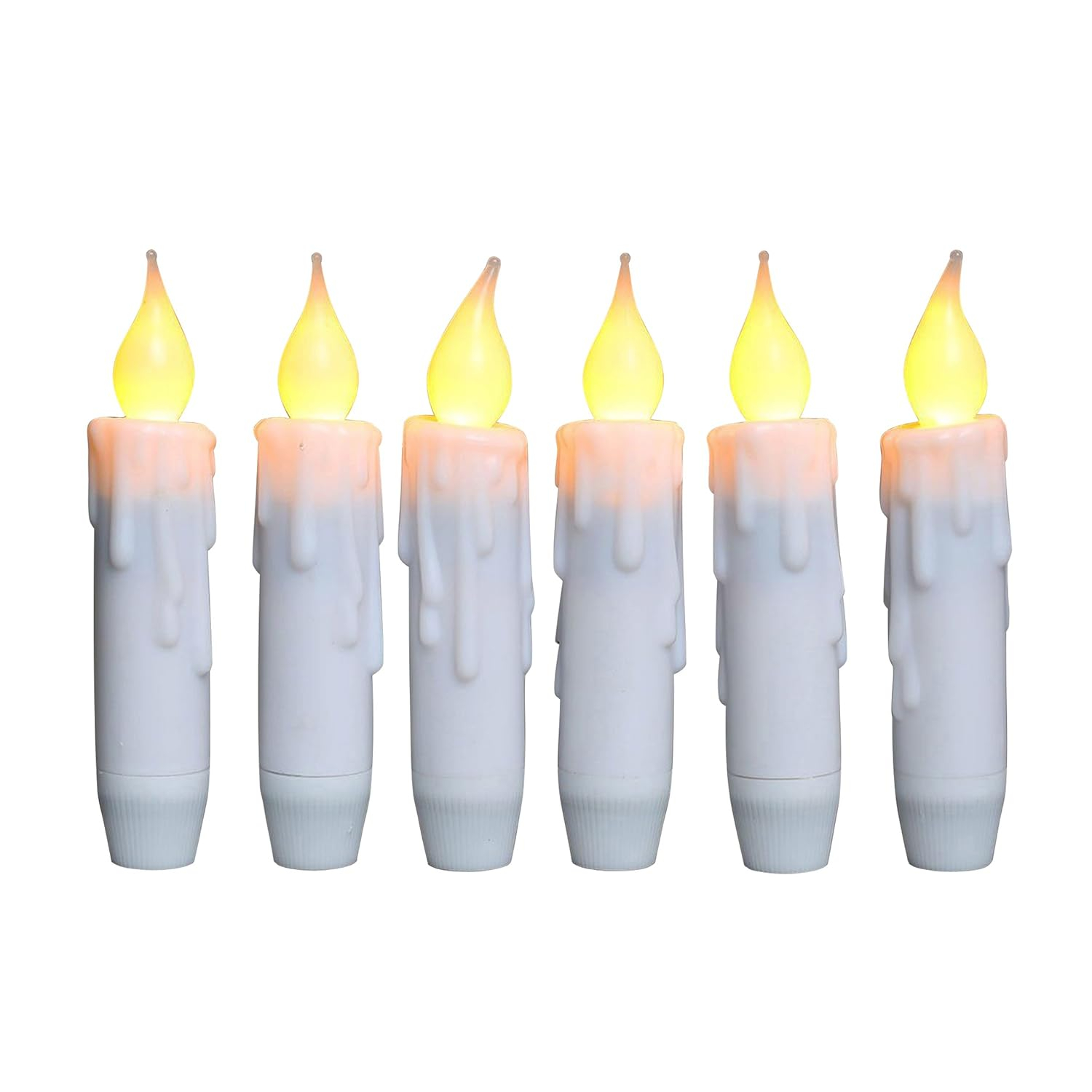CVHOMEDECO. Flickering Taper Candles LED Drip Flameless Candles, Battery Operated with Timer, White, 4-3/4 Inch, Set of 6
