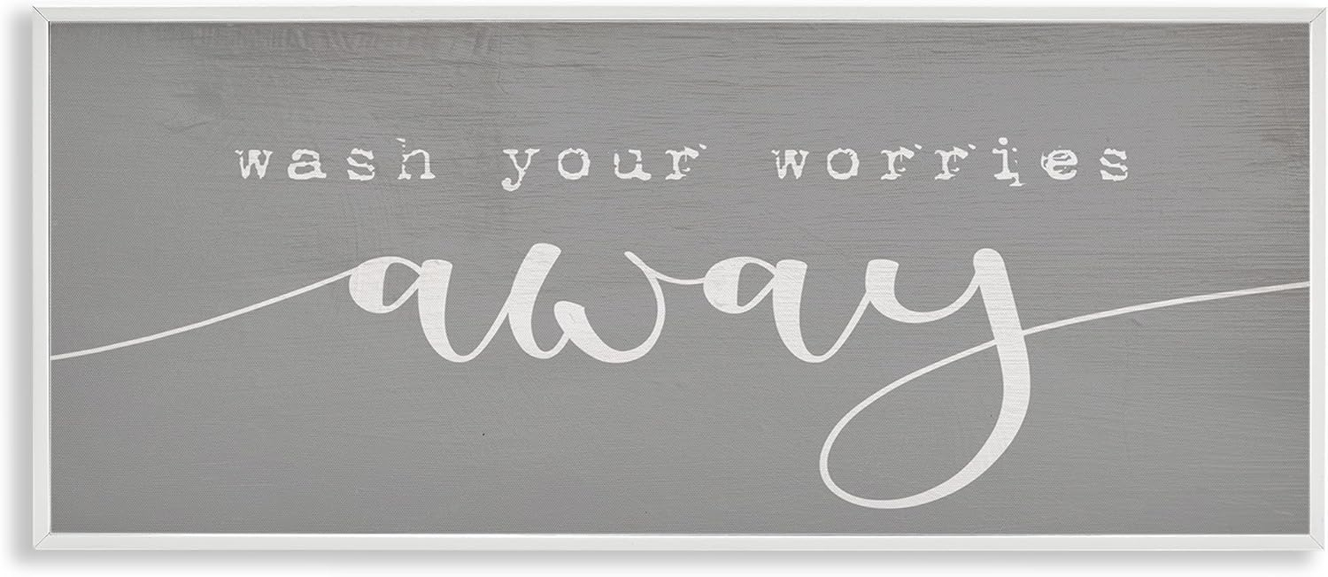Stupell Industries Wash Your Worries Away Phrase Bathroom Relaxation Modern Painting White Framed Art Print Wall Art, 10 x 24, Design by Daphne Polselli