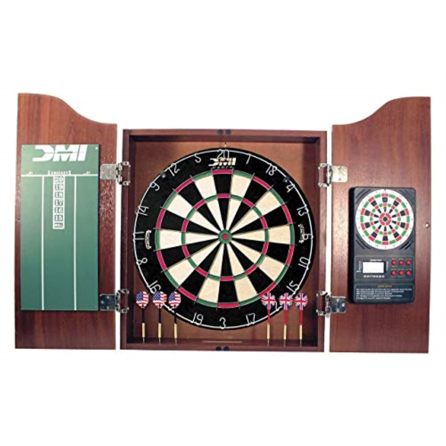 DMI Sports Deluxe Bristle Dartboard Cabinet Set with Electronic Scorer Includes 2 Dart Sets and a Chalk Scoreboard – Light Cherry