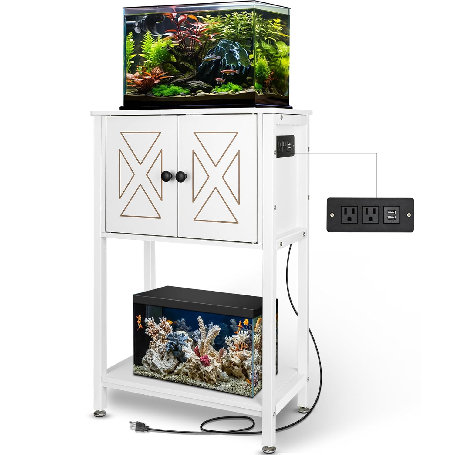 5-10 Gallon Fish Tank Stand, Heavy Duty Aquarium Stand with Cabinet & Power Outlets for Fish Tank Accessories Storage, Double Reptile Terrarium Stand 20.5" L* 11" W Tabletop, White