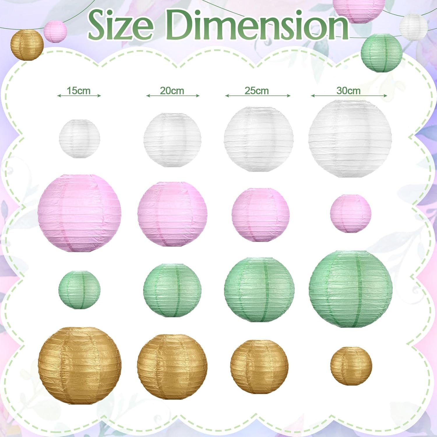Riakrum 16 Pcs Sage Green Gold Pink Paper Lanterns Party Decorations Mixed Size 6'' 8'' 10'' 12'' Chinese Hanging Round Lanterns for Baby Shower Birthday Wedding Home Decorations Supplies