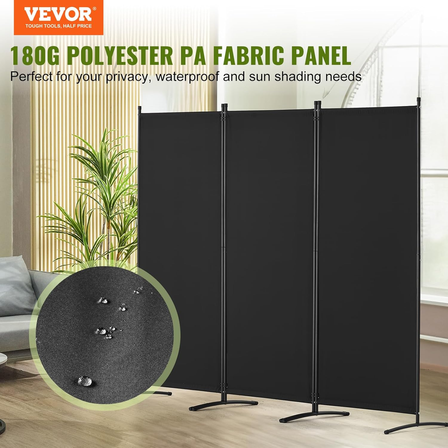 Vevor BLPF10271INC0V93EV0 102 x 71 in. 3-Panel Room Dividers & Folding Privacy Screens, Fabric Partition - Black