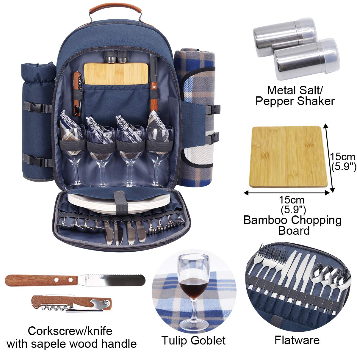 Navy Blue Cationic Fabric Picnic Backpack with Blanket and Insulated Cooler