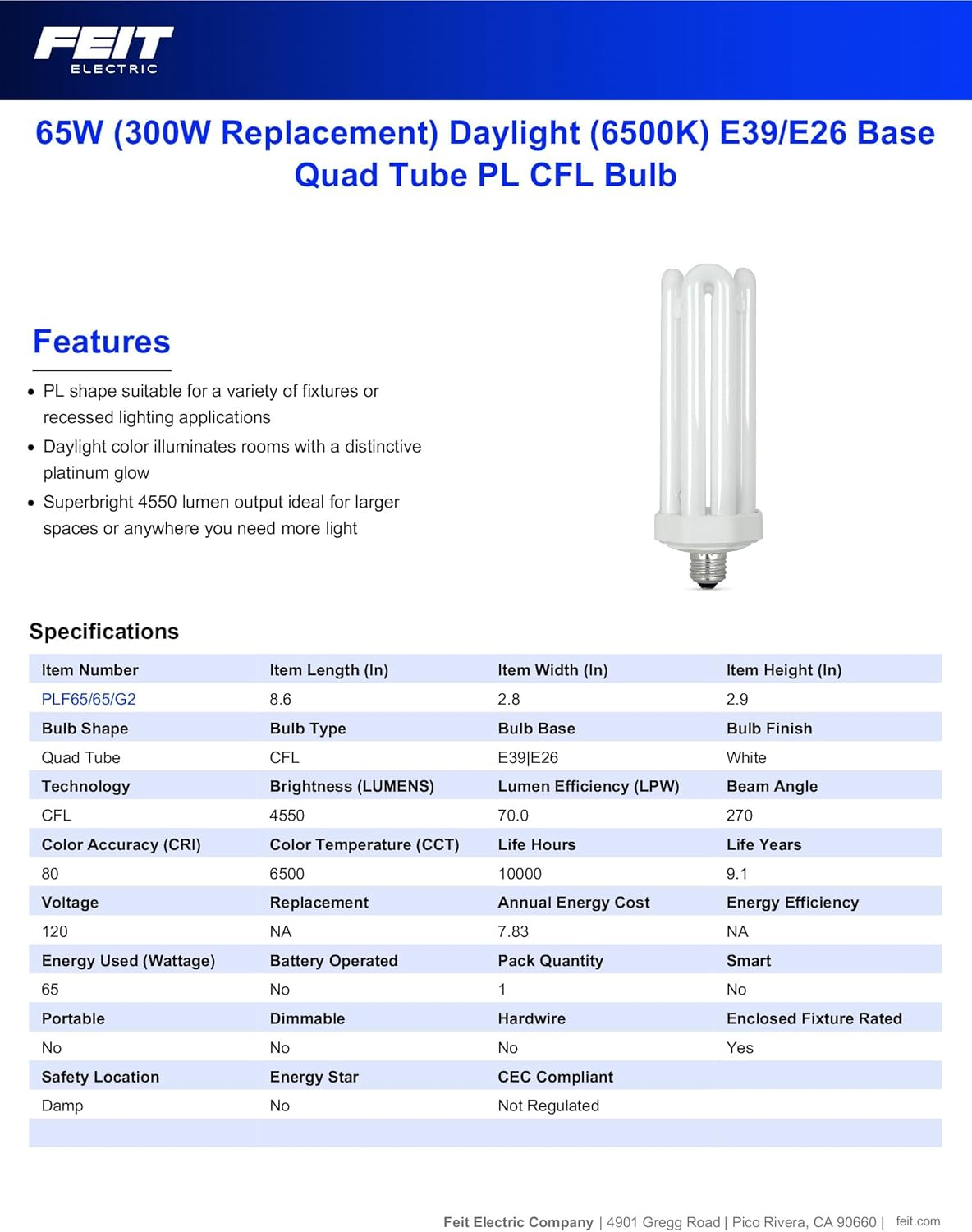 1 PC,Feit Electric PLF65/65 Replacement Mogul Base PL CFL Bulb, Daylight, 60W