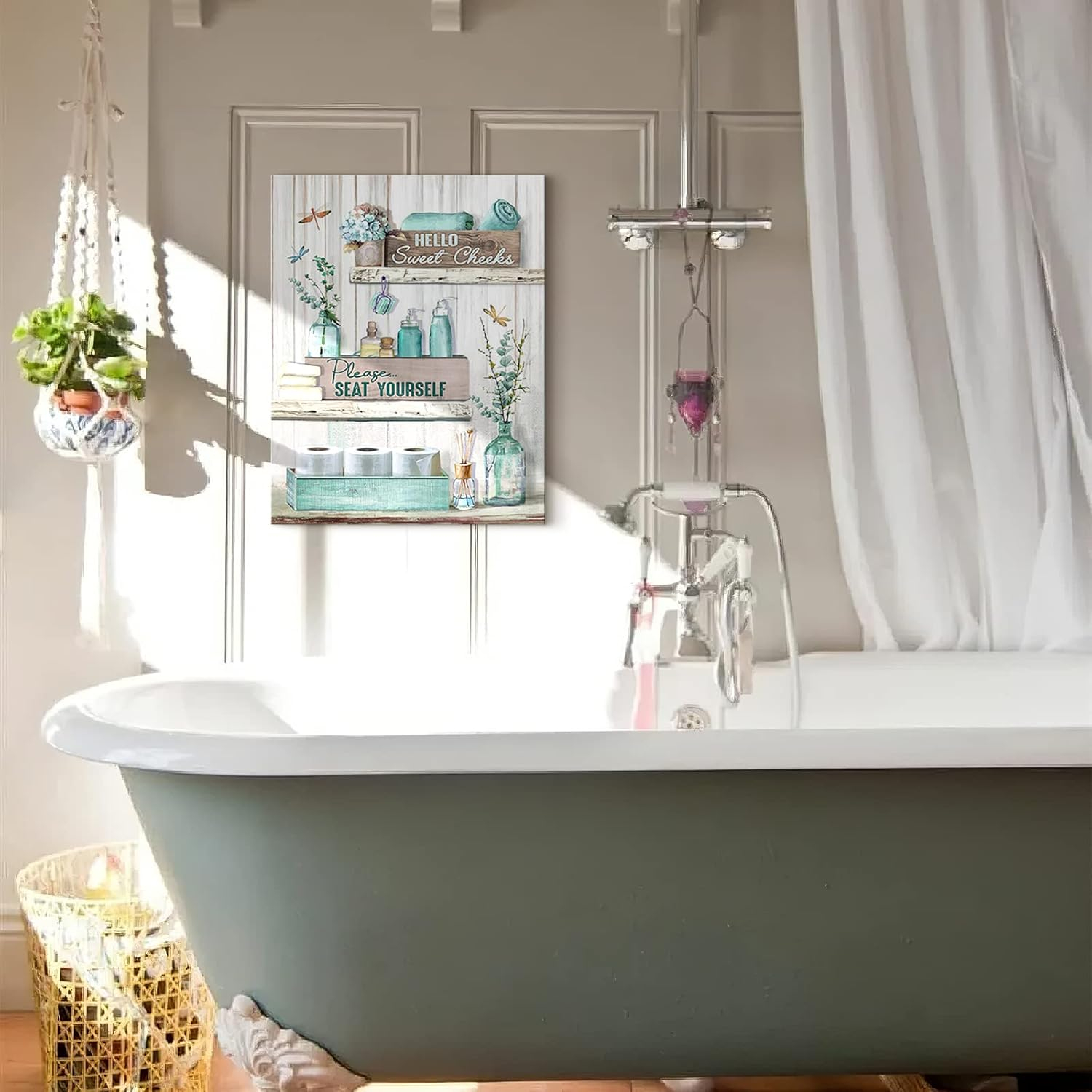 Rustic Bathroom Sign - Turquoise Canvas Wall Art - Modern Home Decor - Framed, Ready To Hang - 12x16 Inch