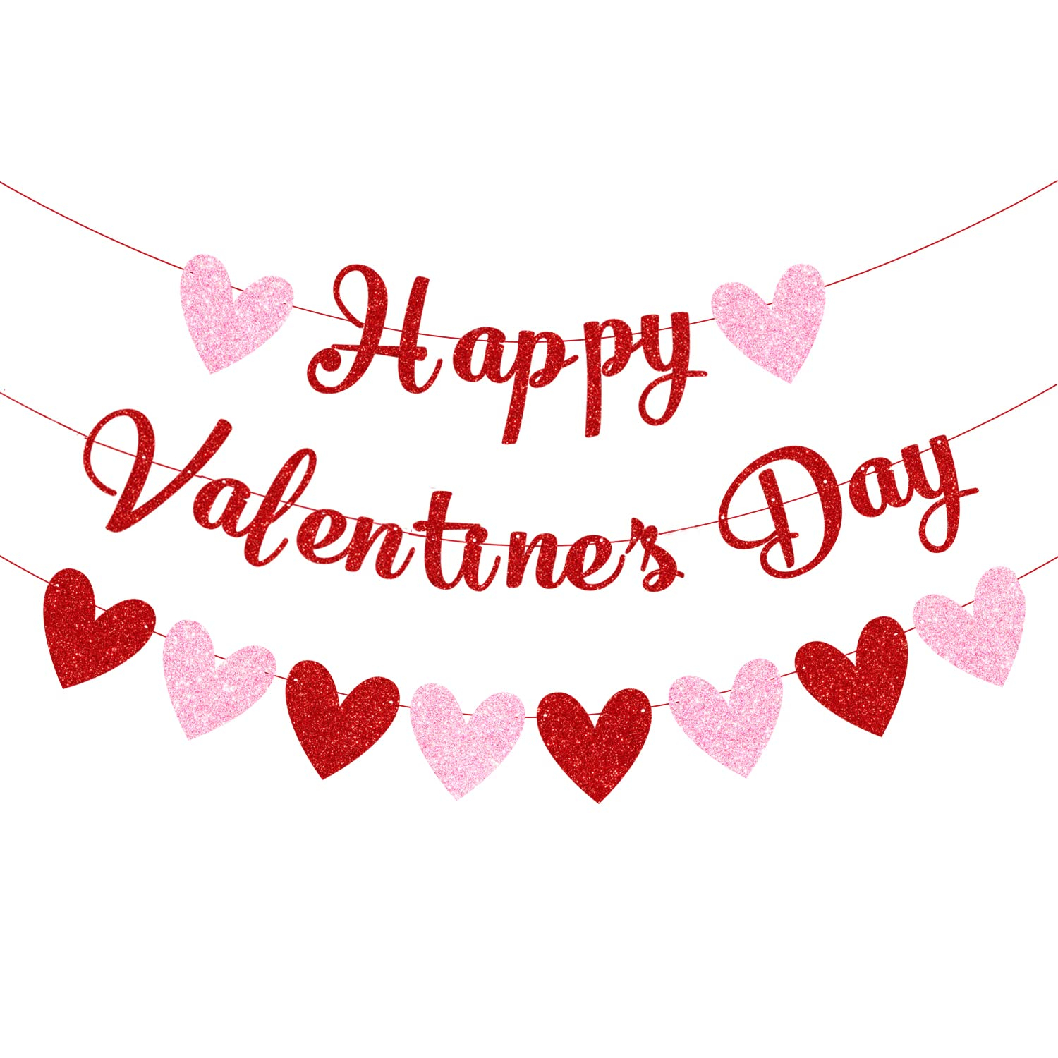 Glittery Heart Valentine's Day Banner, Red & Pink Sparkling Hollow Heart Shape DIY Paper Banner for Wedding Decoration