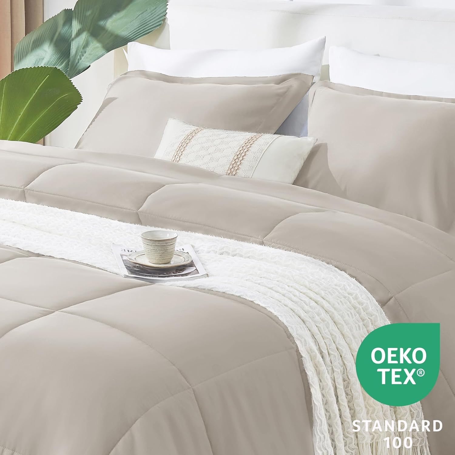 CozyLux Queen Size Comforter Sets - Beige Comforter Queen Size, 3 Pieces Box Stitched Soft Lightweight Bed Set, All Season Bedding Sets with 1 Down Alternative Comforter and 2 Pillow Shams