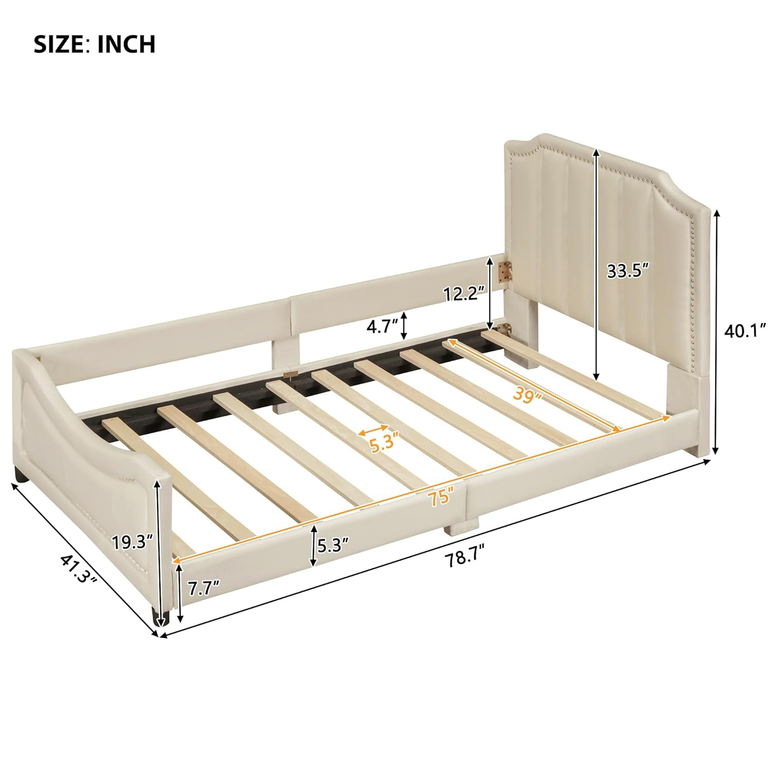 Bellemave Twin Size Upholstered Bed with Belgrave Headboard, Low Platform Bed Frame with Rails, Kids Velvet Daybed with Slats Support for Girls Boys Teens, Beige