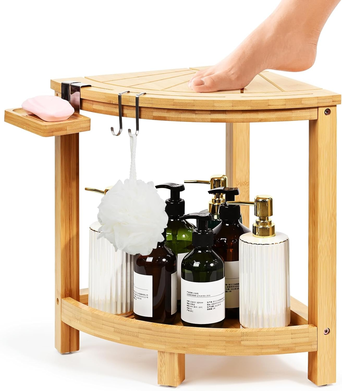 Ollieroo 2-Tier Bamboo Corner Shower Stool for Shaving Legs, Waterproof Bench with Storage Shelf and Soap Dish, Non-Slip Foot Rest (Natural)