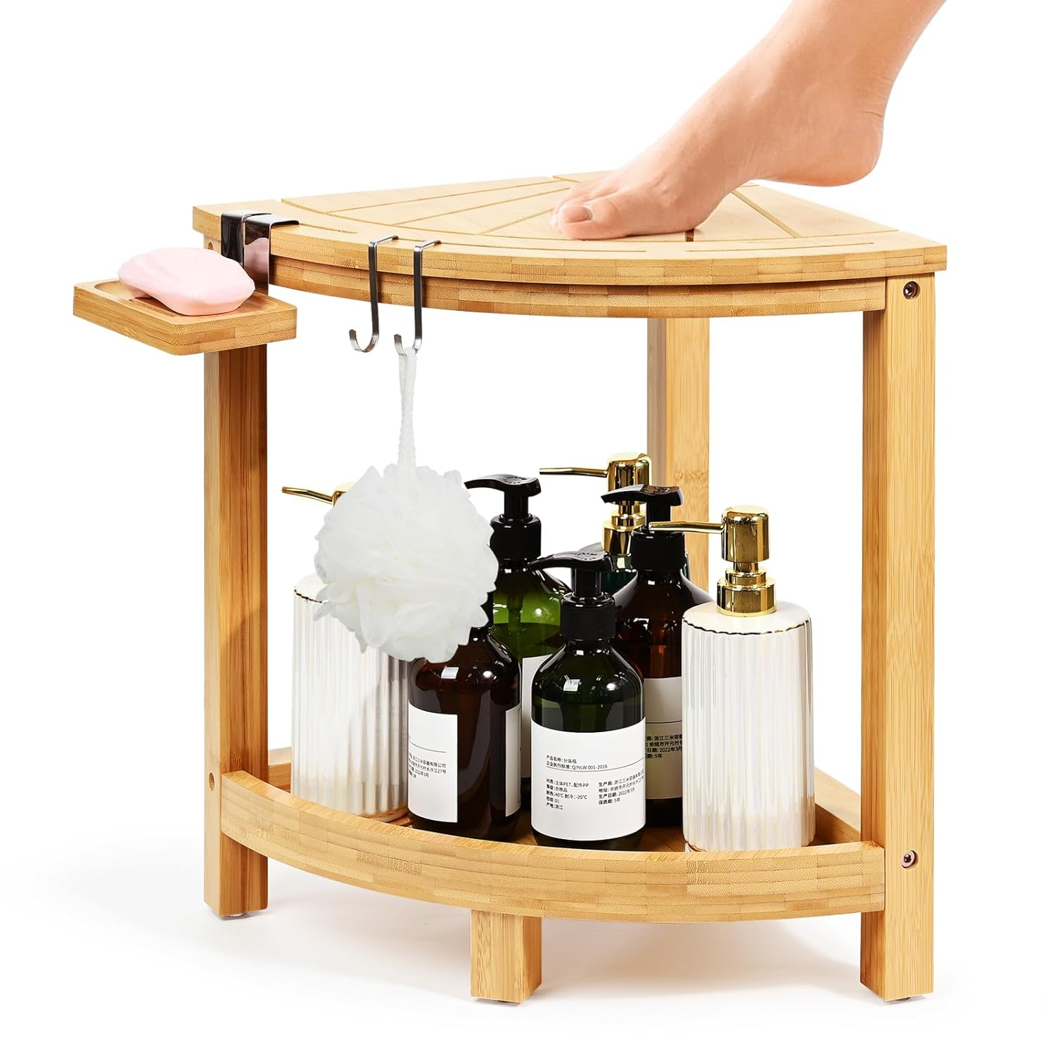 Ollieroo 2-Tier Bamboo Corner Shower Stool for Shaving Legs, Waterproof Bench with Storage Shelf and Soap Dish, Non-Slip Foot Rest (Natural)