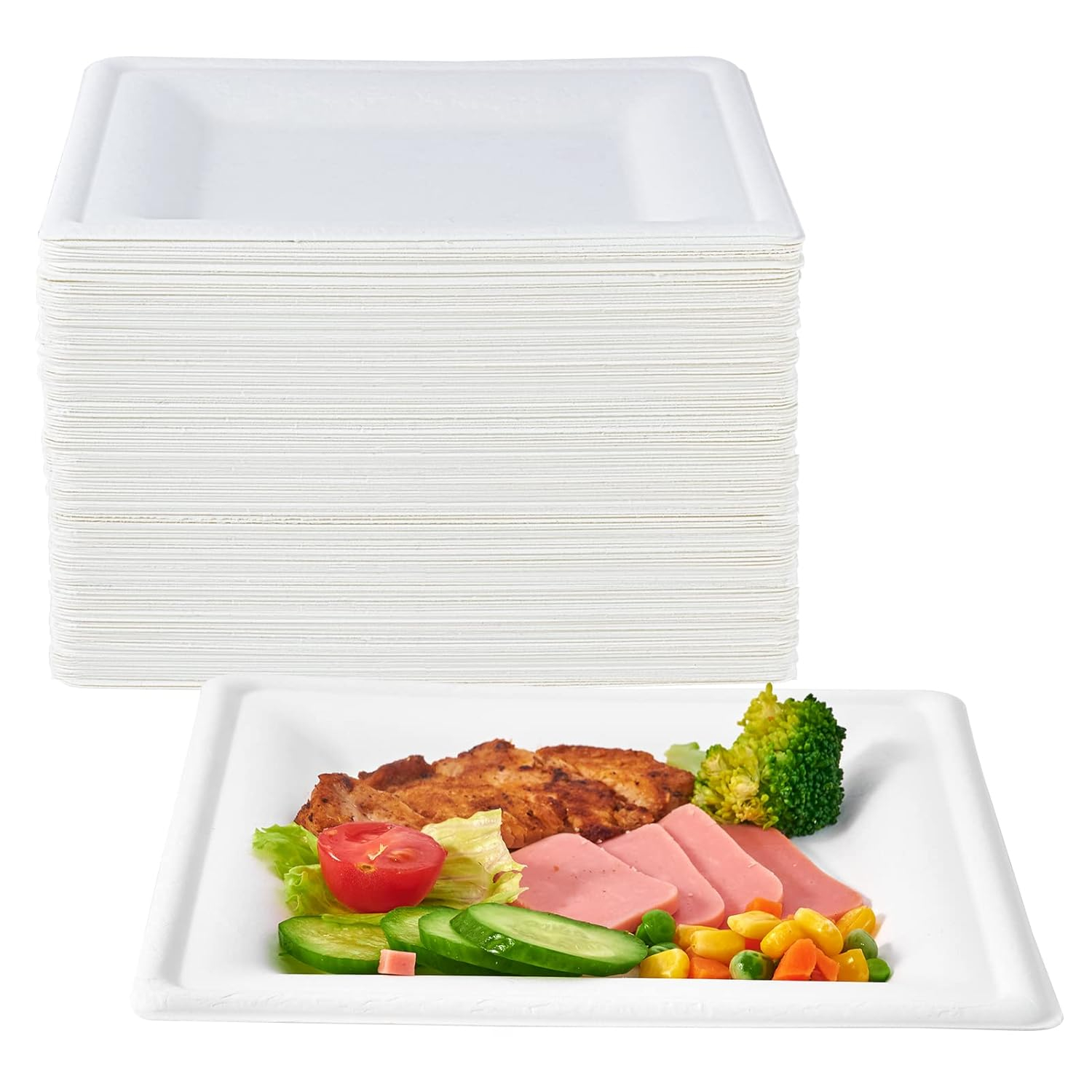 ECOLipak 150 Piecs Square Paper Plates, 8-inch Compostable Disposable Plates, Eco-friendly Heavy Duty Biodegradable Sugarcane Plates for Party Dinner Birthday