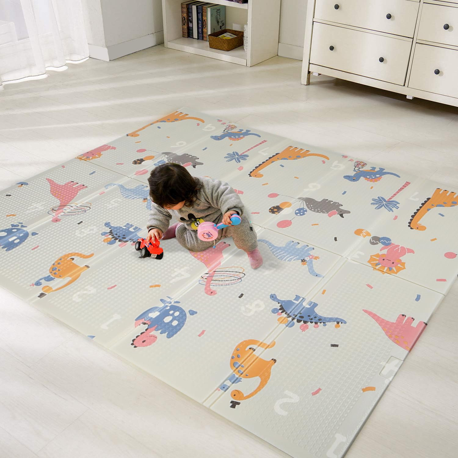 Bammax Waterproof Foam Padded Baby Play Mat with Dinosaurs & Safari Animals Design, Reversible & Foldable Floor Mat, 70” x 78”