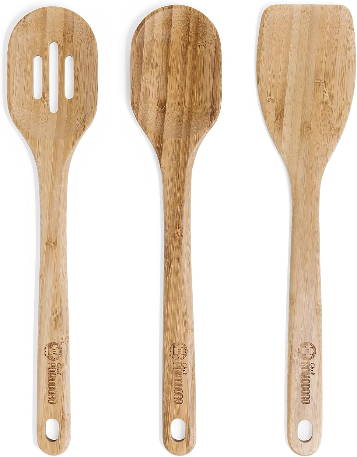 Chef Pomodoro Wooden Cooking Utensils 3-Pc Set, Bamboo, Large 12.5", Frying Set
