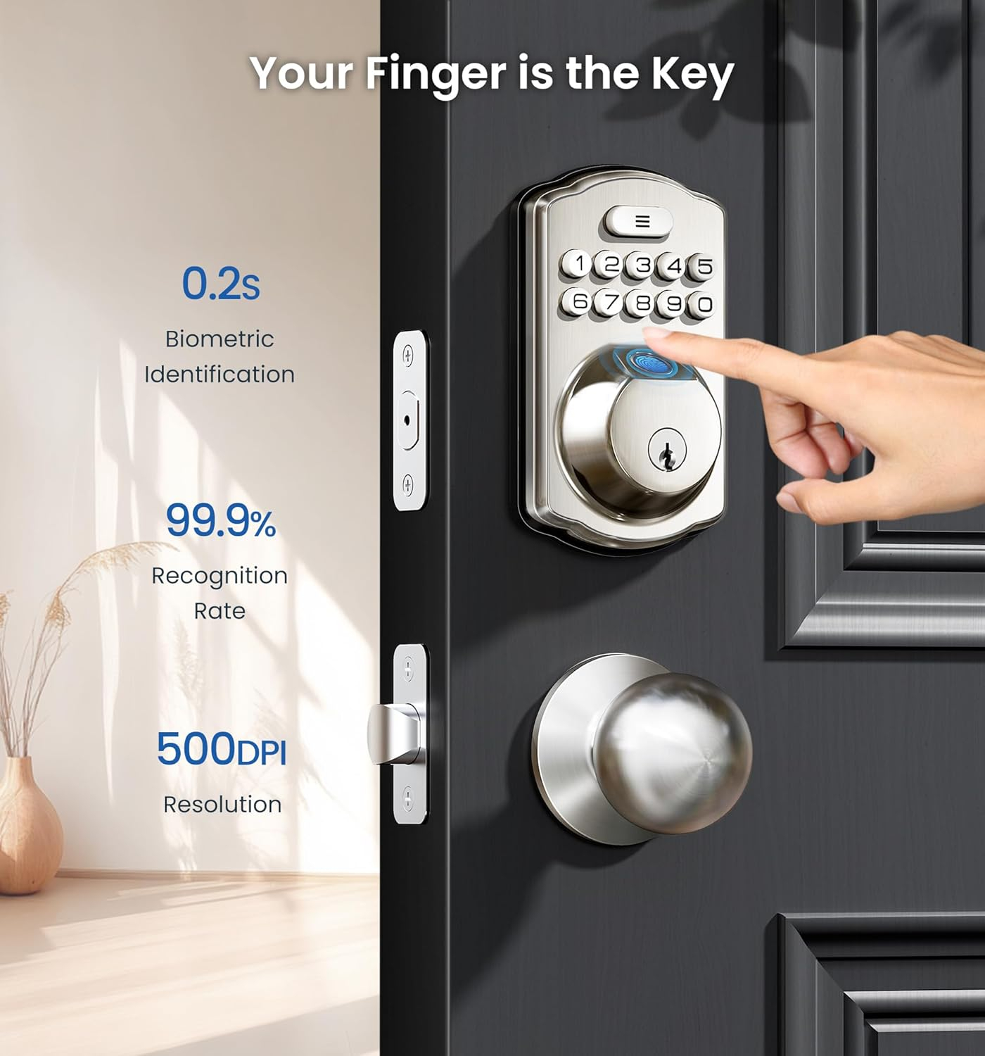Satin Nickel Electronic Keypad Deadbolt with Fingerprint Sensor