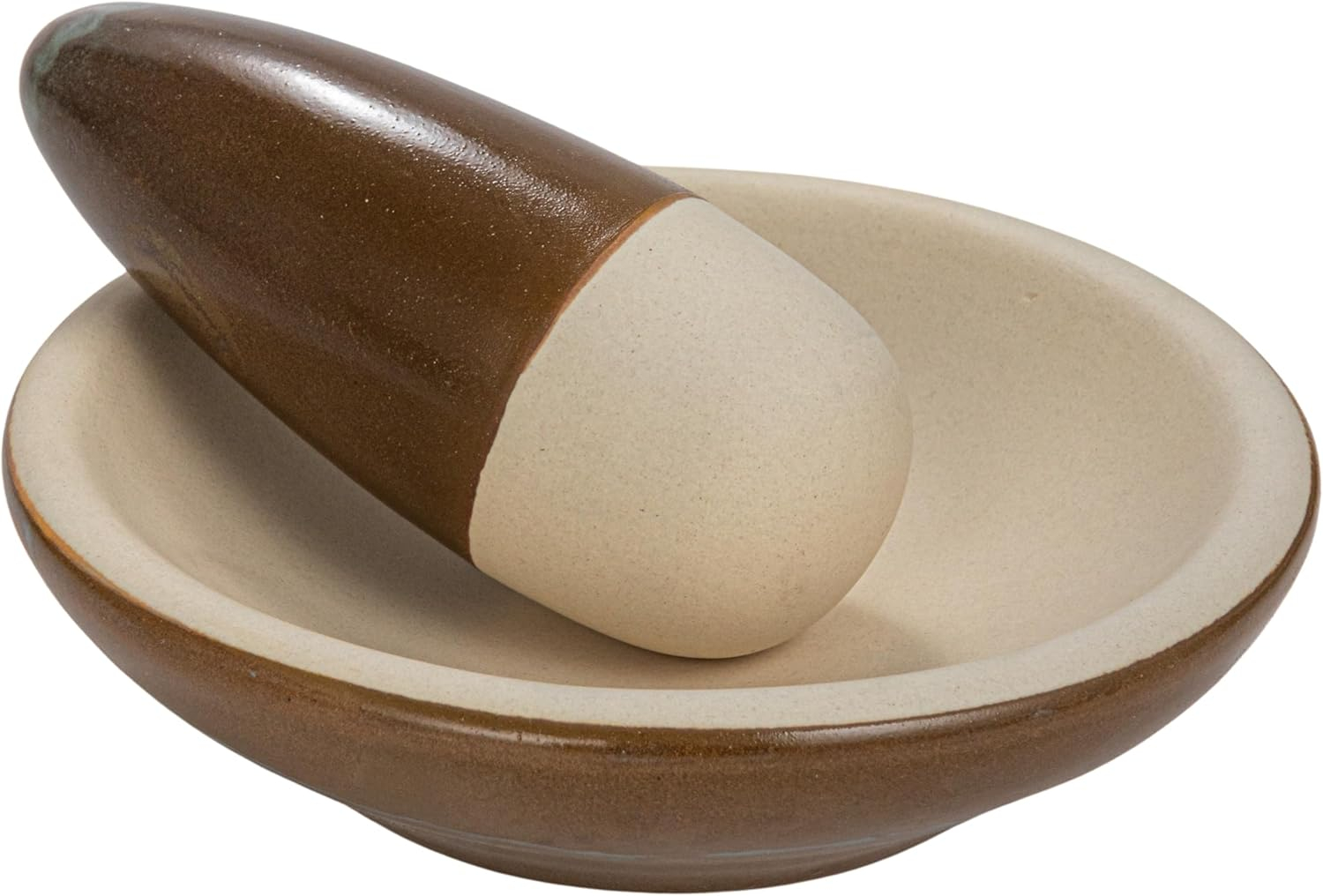 Small Brown and Cream Ceramic Mortar and Pestle