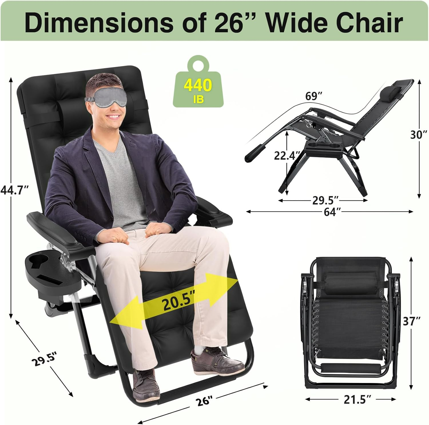 Slendor Zero Gravity Chair Lounge Chair Recliner w/Upgraded Lock and Removable Cushion, Reclining Camping Chair w/Cup Holder Tray & Headrest, Folding Reclining Patio Chairs for Indoor Outdoor, Black