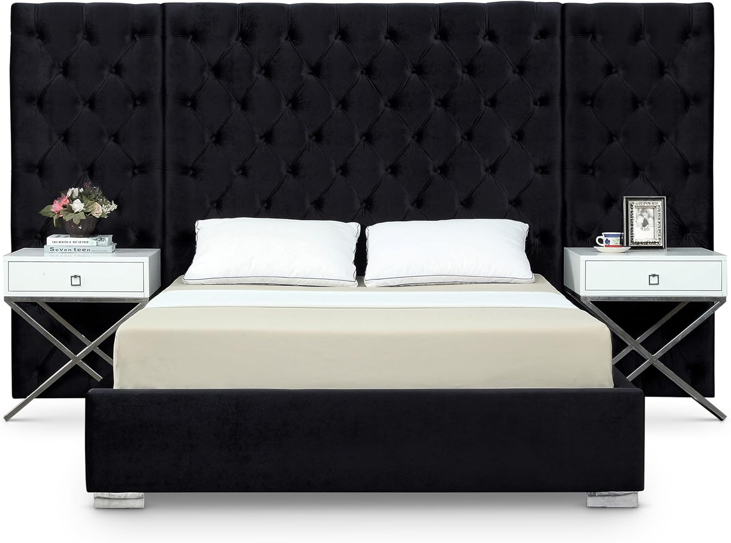 Meridian Furniture Grande Queen Velvet Platform Bed with Chrome Legs & Full Slats, Black Velvet