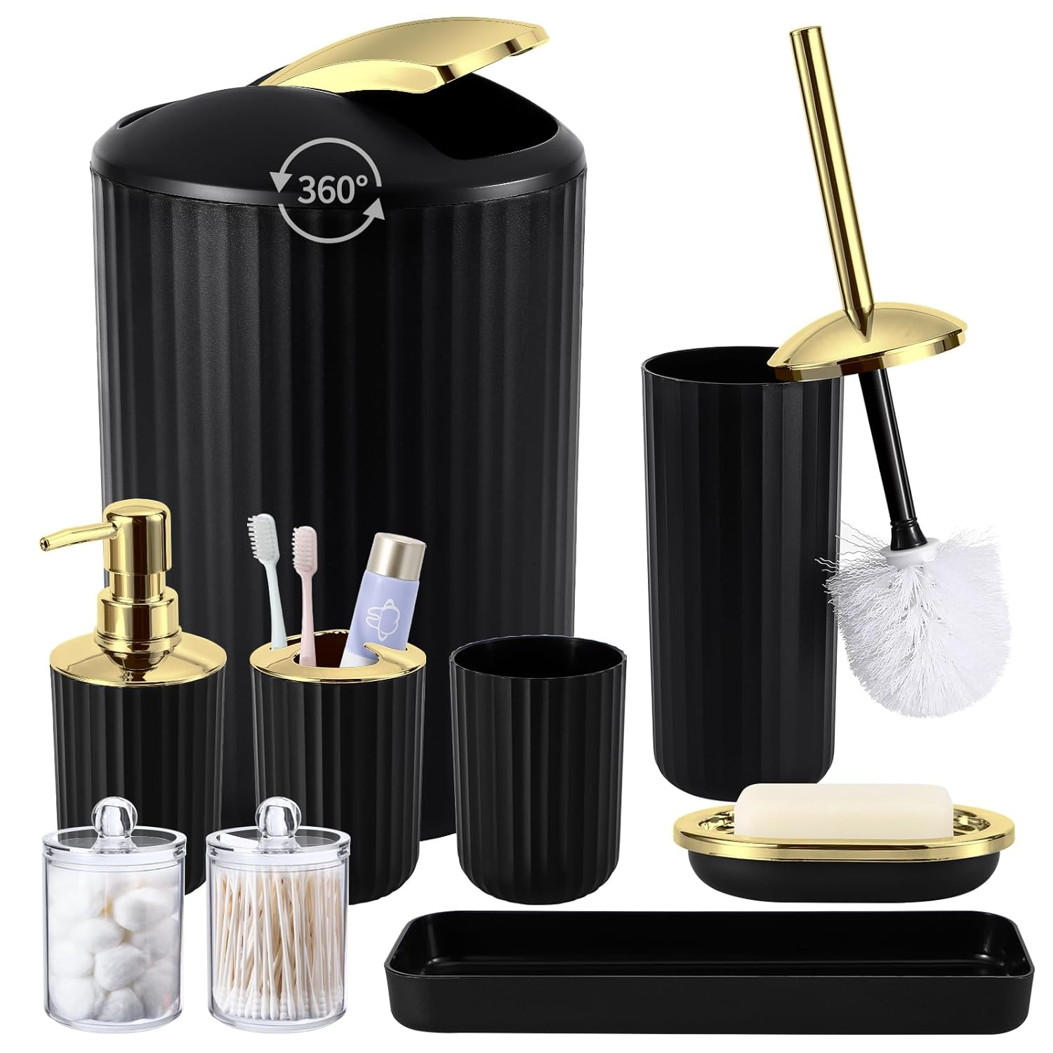 9PCS Black and Gold Bathroom Accessories Set Complete with Trash Can, Vanity Tray, Soap Dispenser, Soap Dish, Toothbrush Holder, Toothbrush Cup, Toilet Brush and Qtip Holders