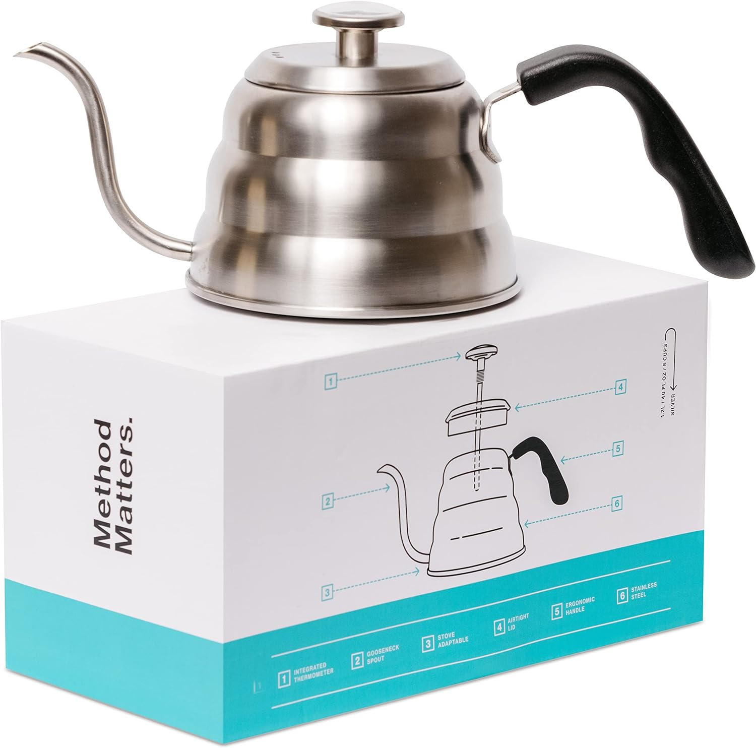 Barista Warrior Gooseneck Kettle with Thermometer for Pour Over Coffee and Tea 1.0L - Silver