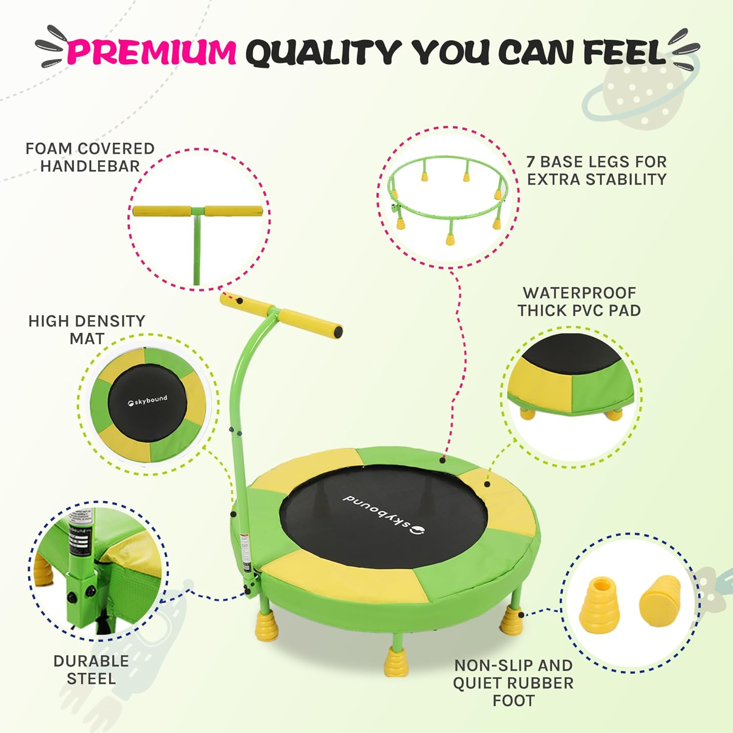 SkyBound 36 Inch Trampoline for Kids, toddler trampoline with handlebar for Age 3 +, indoor mini trampoline for kid