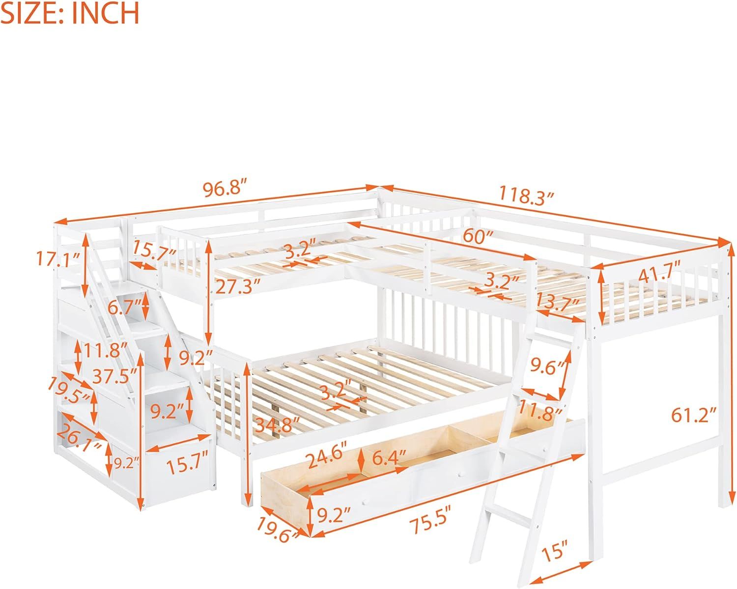 L Shaped Bunk Bed for 3, Triple Bunk Bed with 3 Drawers and Storage Stairs, Twin Over Full Bunk Bed & Twin Size Loft Bed, Wood Corner Beds for Kids, Teens, Adults. No Box Spring Needed(White)