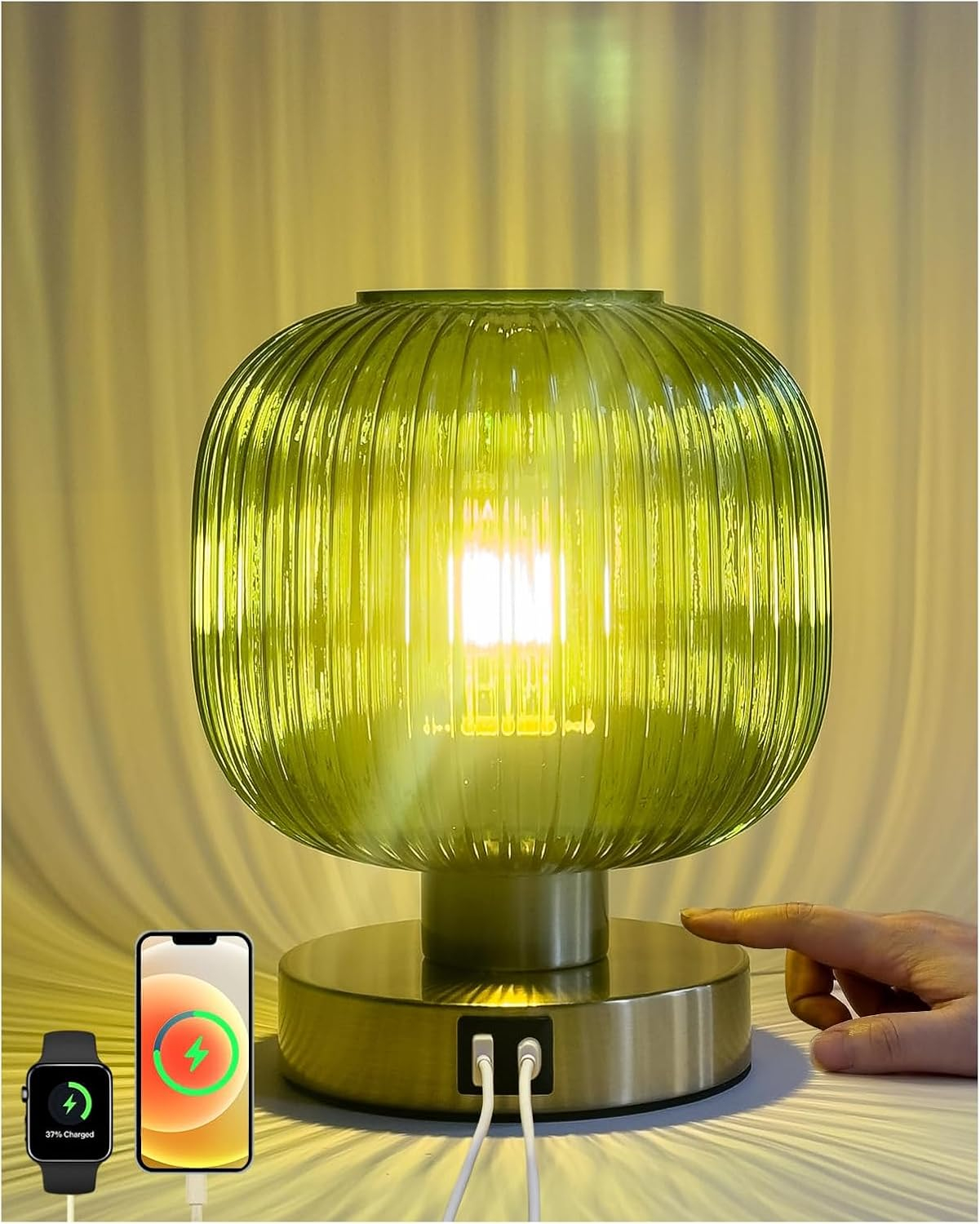 Big Touch Table Lamp,Elegant Green Glass Bedside Lamp 3 Way Dimmable with USB C+A Charging Ports - Bedroom Nightstand & Living Room Essential, 4W Bulb Included (Green)