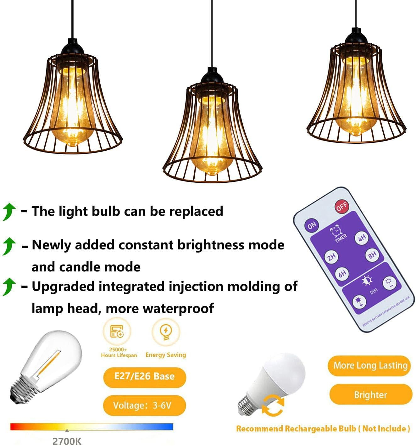 3X Outdoor Chandelier Pendant Light for Gazebo Battery Operated Boho Hanging Lamp with Remote Decorative Lights Indoor Lantern Powered by 4*AA Batteries for Porch Christmas Party Decor
