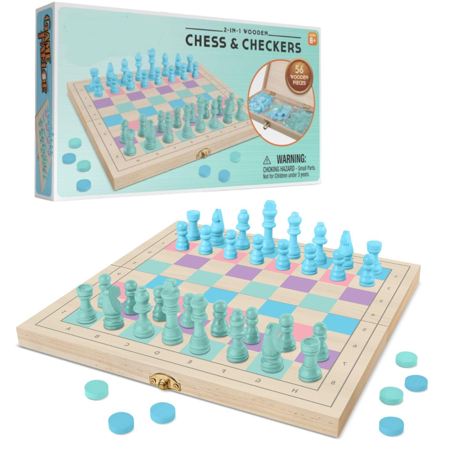 2 in 1 Wooden Chess and Checkers Set - Chess Set for Kids – Portable 11” x 11” Game Board Folds As Storage Case - Chess Checker Set - Childrens Chess Sets for Beginners - Chess Board for Kids