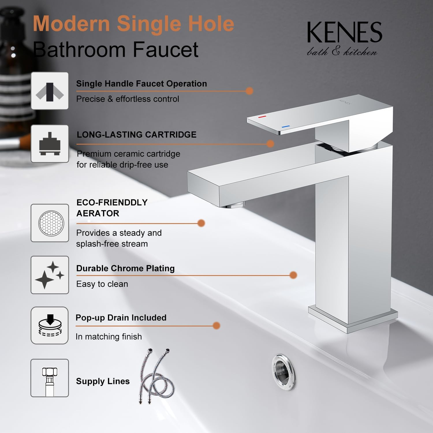KENES Chrome Bathroom Faucet Single Handle Bathroom Sink Faucet Lavatory Vanity Faucet with Pop Up Drain & Water Supply Lines LJ-9031-5