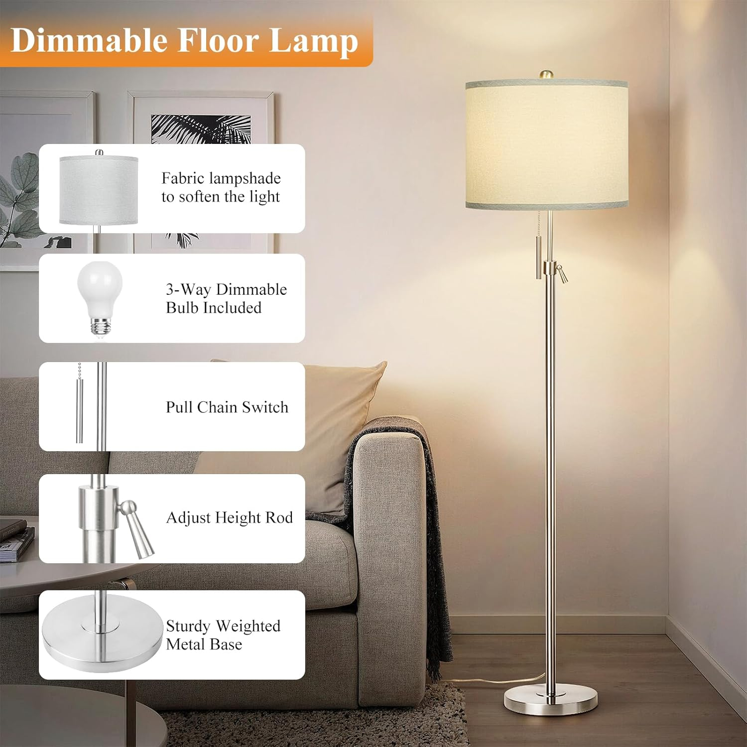 Brushed Nickel Floor Lamp for Living Room, Adjustable Height Standing Lamp with Metal Base, Tall Pole Light with Grey Shade for Bedroom, 8W 4000K 3-Way LED Bulb Included (Brushed Nickel, Grey Shade)