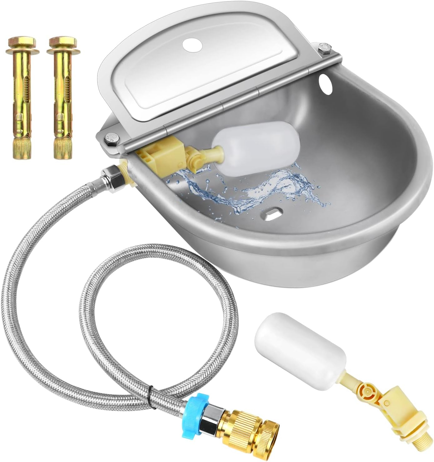 Automatic Dog Drinking Water Bowl, 304 Stainless Steel Outdoor Waterer for Dog Horse Pig Cow, Large Animal Dispenser with 2 Float Valves, Pipe Hose, Quick Connector and Expansion Bolt