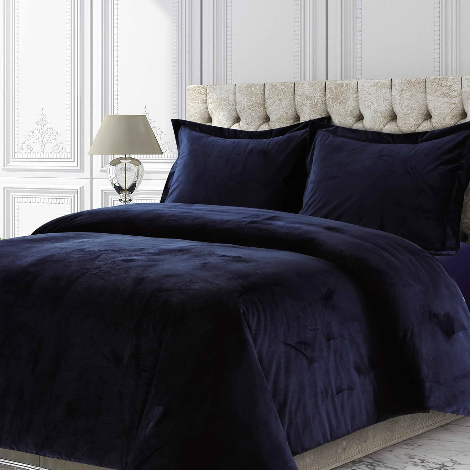 3pc Queen Venice Velvet Oversized Solid Duet Set Indigo - Tribeca Living