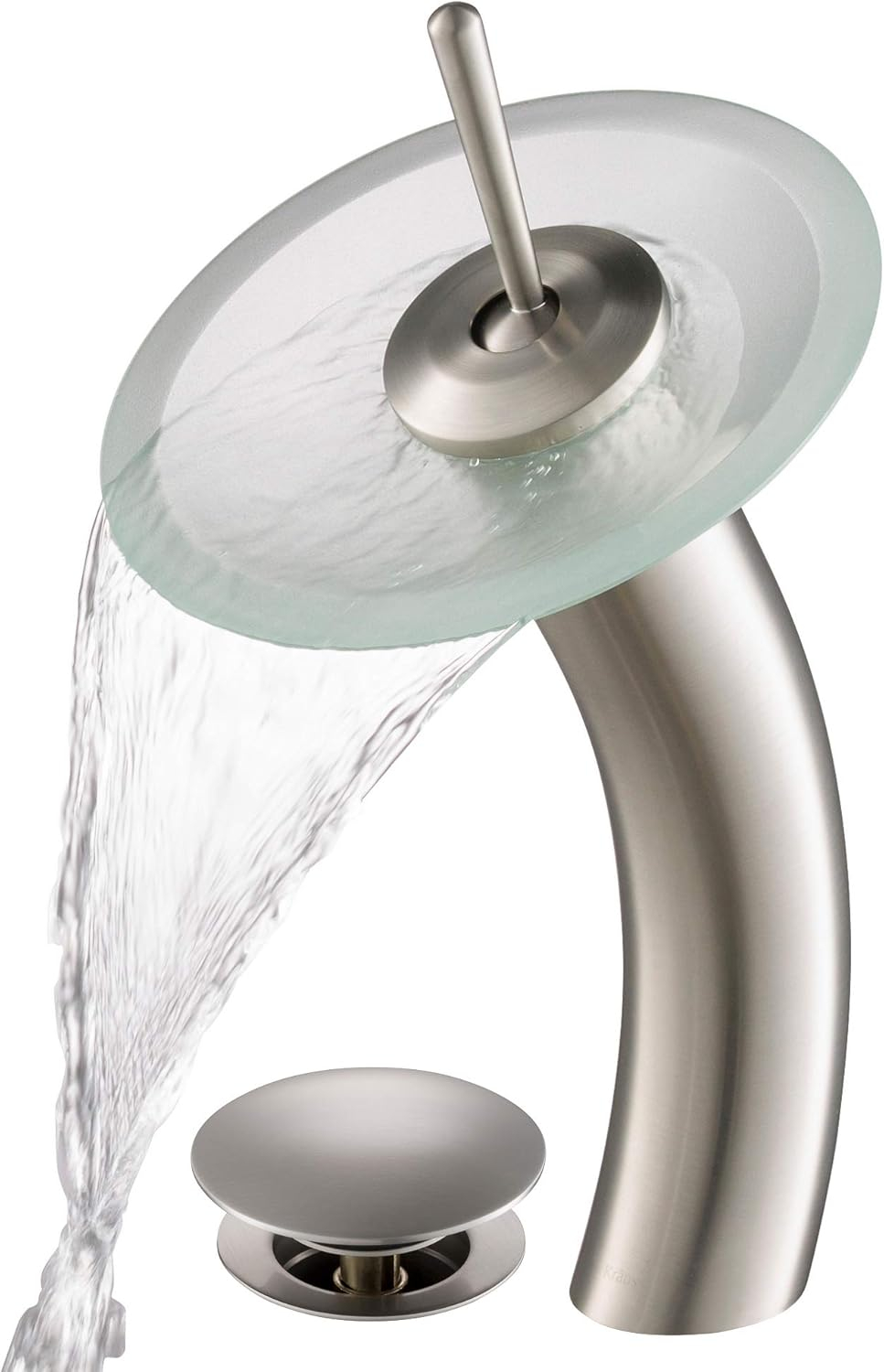 KRAUS Tall Waterfall Bathroom Faucet for Vessel Sink with Frosted Glass Disk and Pop-Up Drain, Satin Nickel Finish