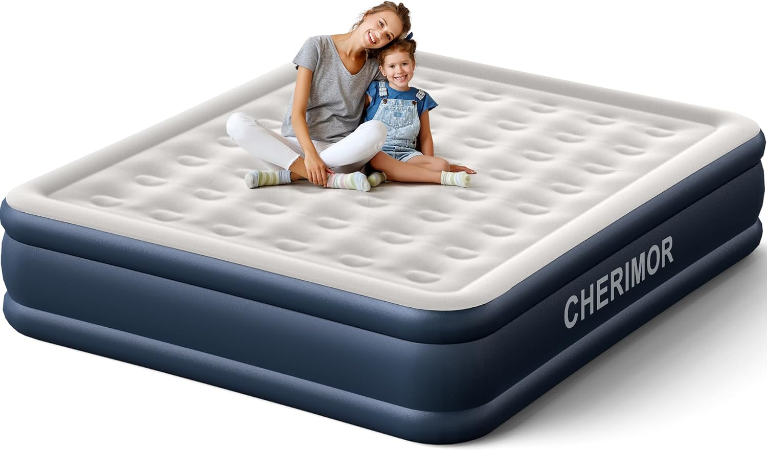 California King Size Navy and White Raised Air Mattress with Built-in Pump