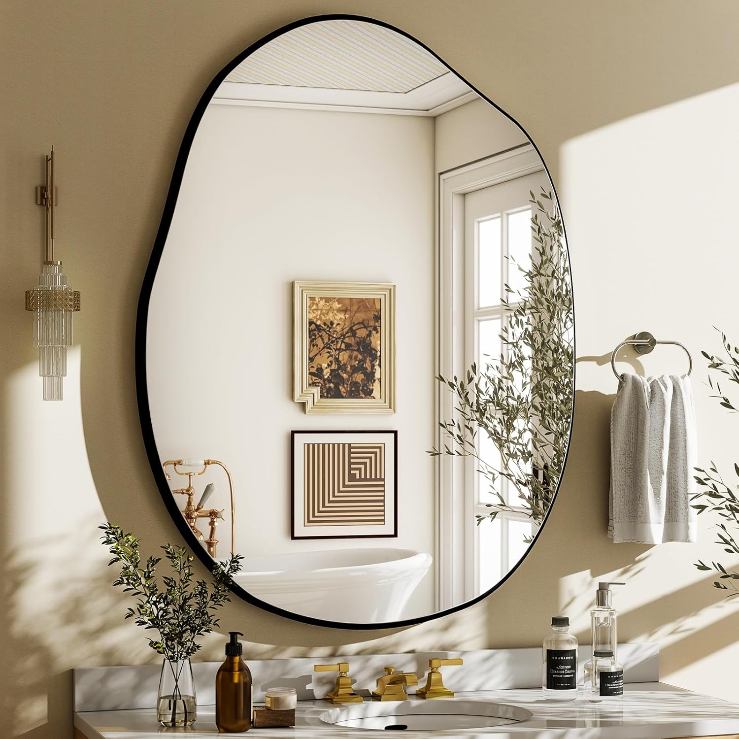 HARRITPURE Irregular Wall Mirror 26"x38" Black Asymmetrical Bathroom Mirror Wood Framed Modern Decorative Vanity Mirrors for Bedroom Living Room Entryway