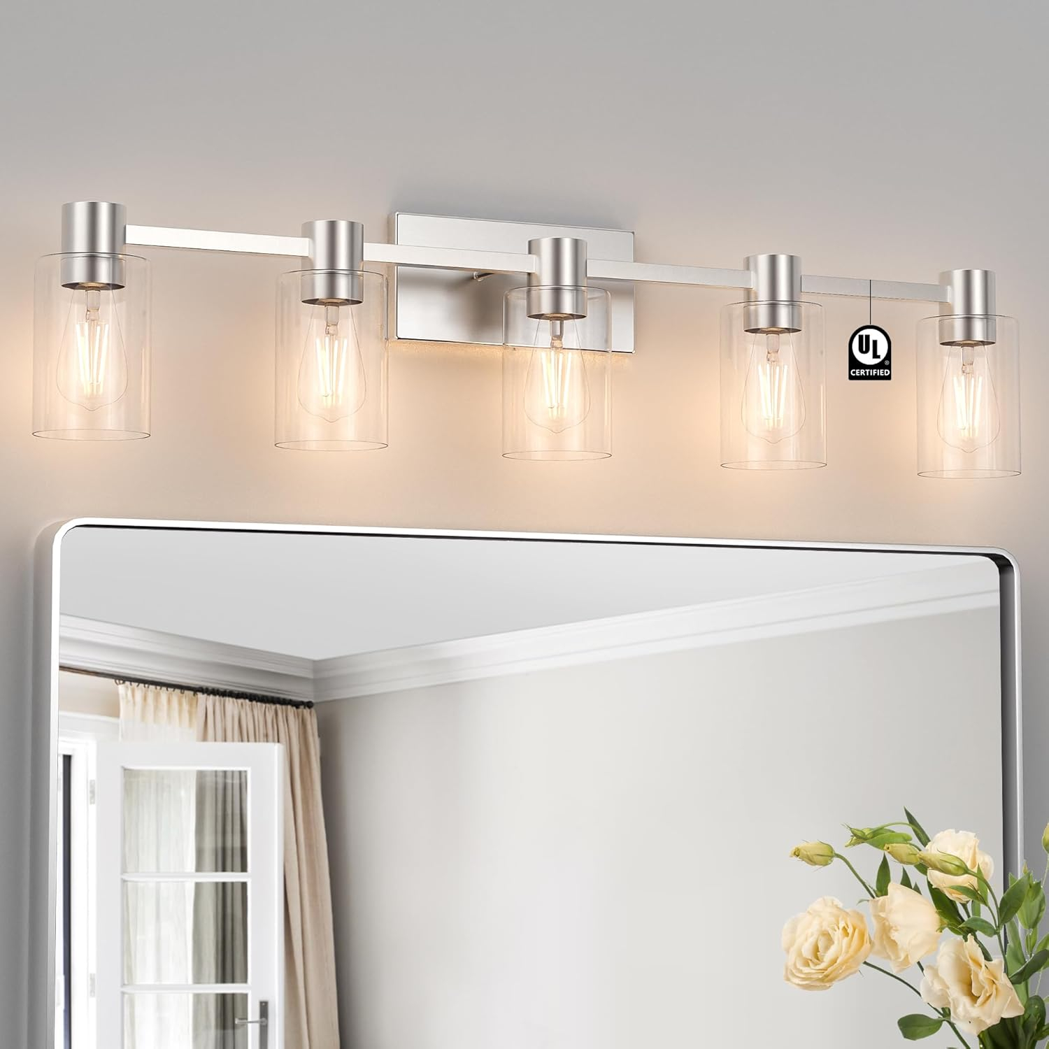 3-Light Brushed Nickel Wall Sconces for Bathroom, Modern Vanity Light Fixtures Over Mirror, Wall Lamp with Clear Glass Shade, E26 Wall Sconces Over Mirror for Bathroom, Living Room, Hallway