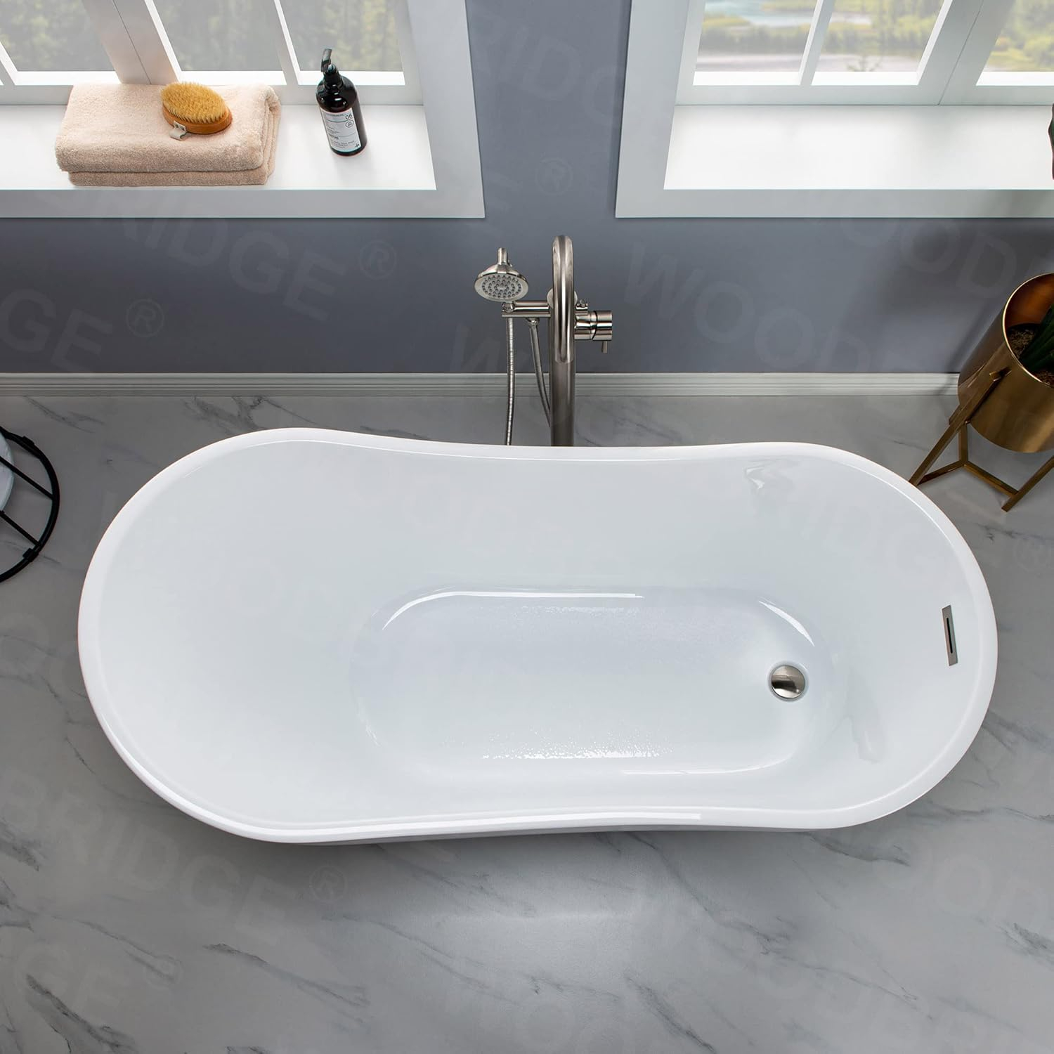 WOODBRIDGE 59" Acrylic Freestanding Bathtub Contemporary Soaking White Tub with Brushed Nickel Overflow and Drain,B1530-BN