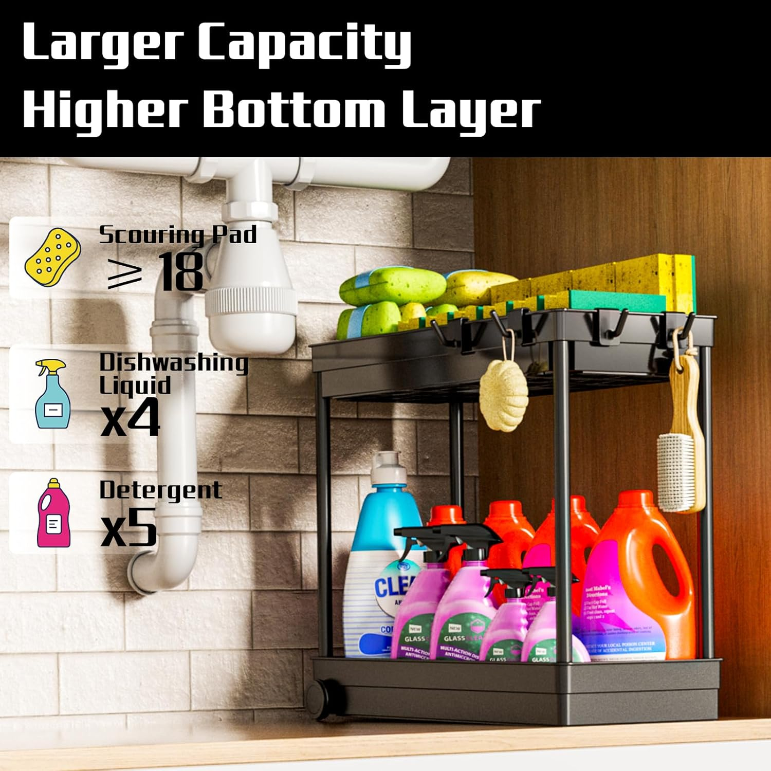 2 Pack Under Sink Organizer, 2 Tier Bathroom Cabinet Organizers and Storage with Hook, Multi-purpose Storage Basket Shelf for Kitchen, Black