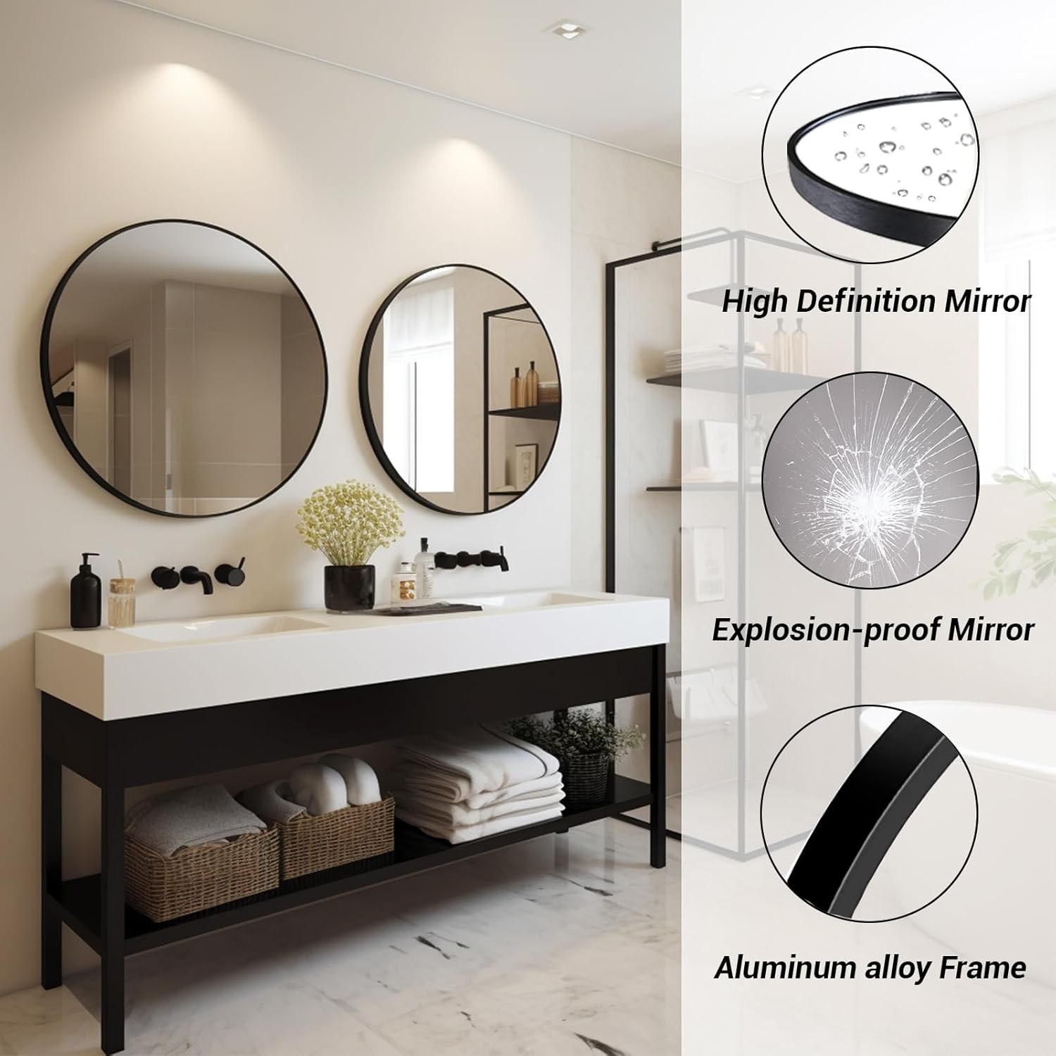 Black Round Mirror, Round Mirror 24 inch, Black Circle Mirrors Metal Frame, Wall Mounted Mirrors for Living Room, Bathroom, Wall, Entryway, Rustic.