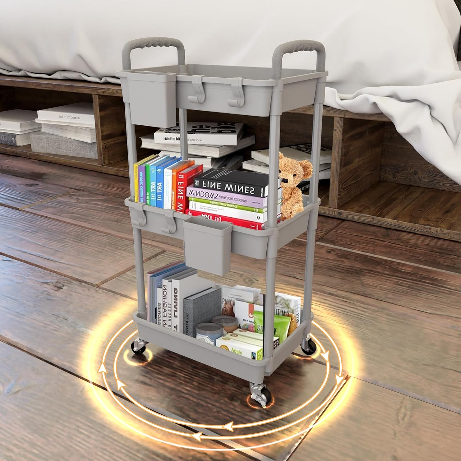 3 Tier Rolling Utility Cart with Handle,REBECAT Utility Cart Made of Multifunctional Storage Organizer Tool for Kitchen,Bathroom,Living Room,Office(Gray)