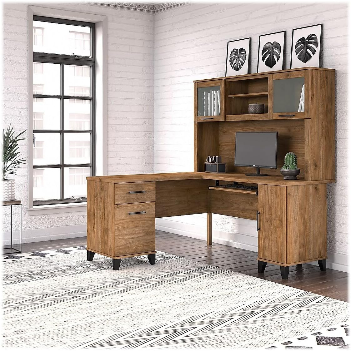 Bush Furniture Somerset 60" L Desk and Hutch with Storage, Fresh Walnut