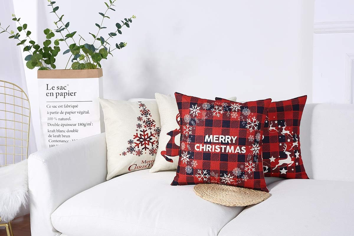 18x18 Christmas Throw Pillow Covers, Decorative Outdoor Farmhouse Merry Christmas Xmas Christmas Tree Pillow Shams Cases Slipcovers Set of 4 for Couch Sofa