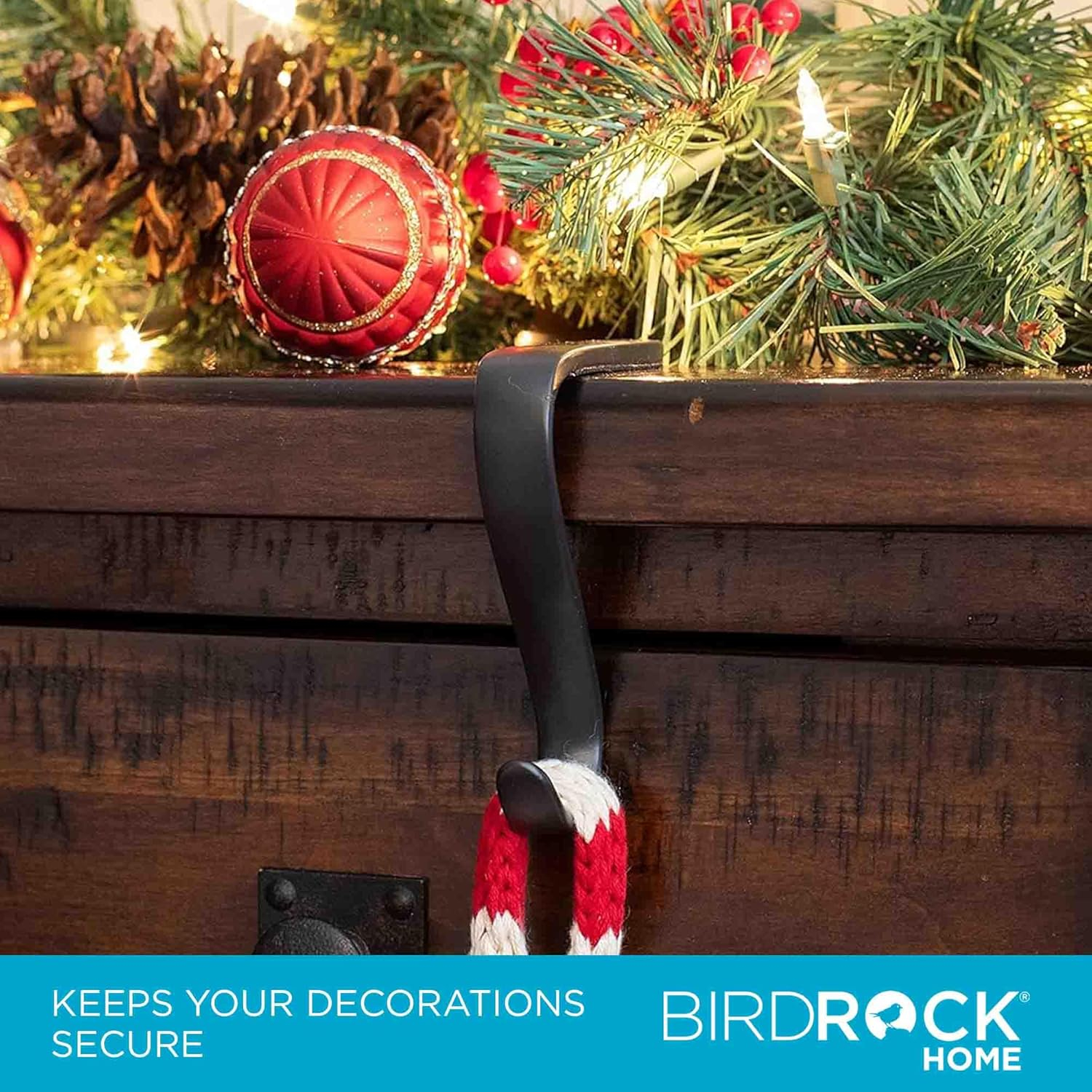 BIRDROCK HOME 4 Pack Christmas Stocking Mantel Hooks - Heavy-Duty Metal Hangers for Fireplace, Brick, and Mantel - Ideal for Holiday Stockings, Garlands, and Decor - Sturdy and Versatile - Black