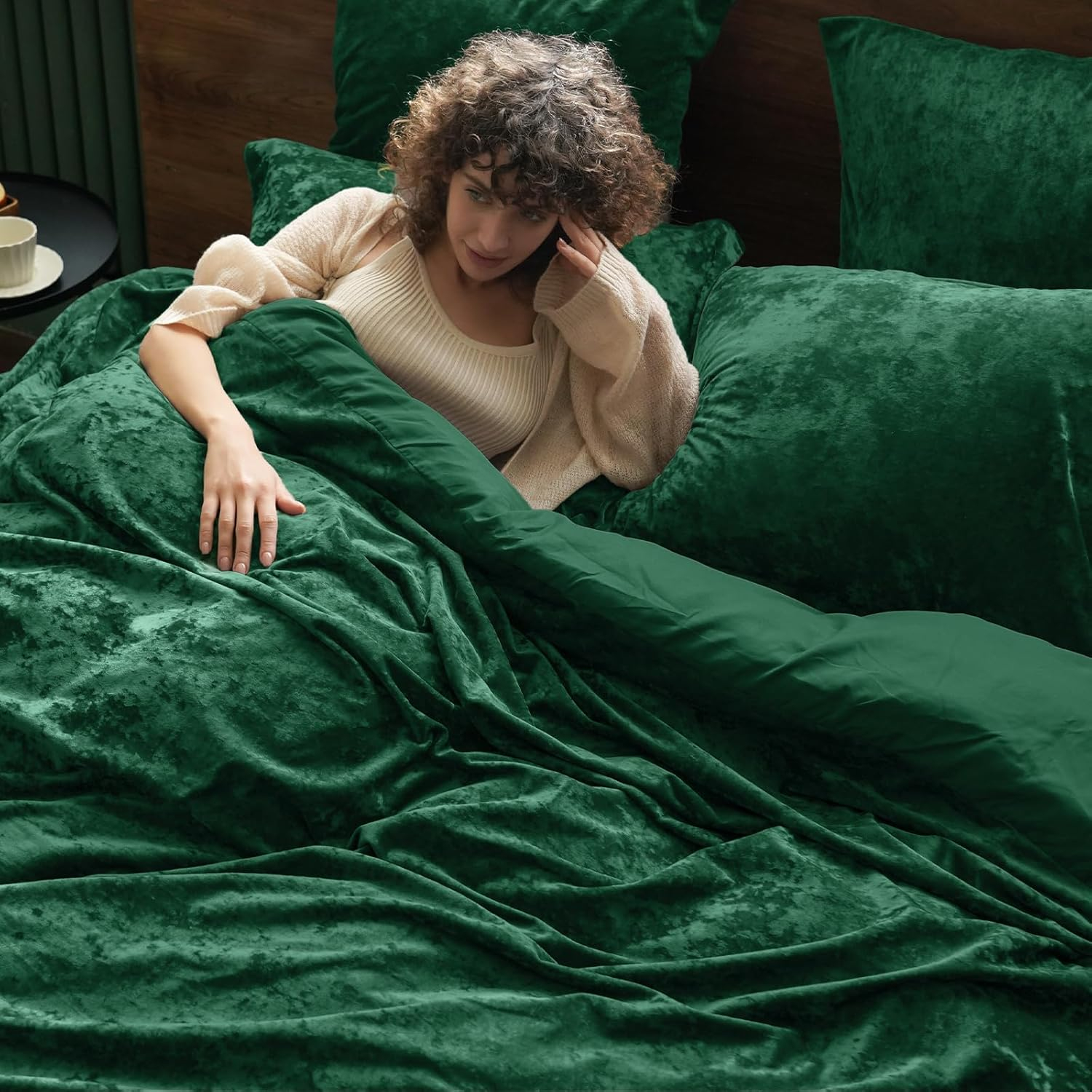 Soft Breathable Velvet Duvet Cover Set Emerald Green - Queen