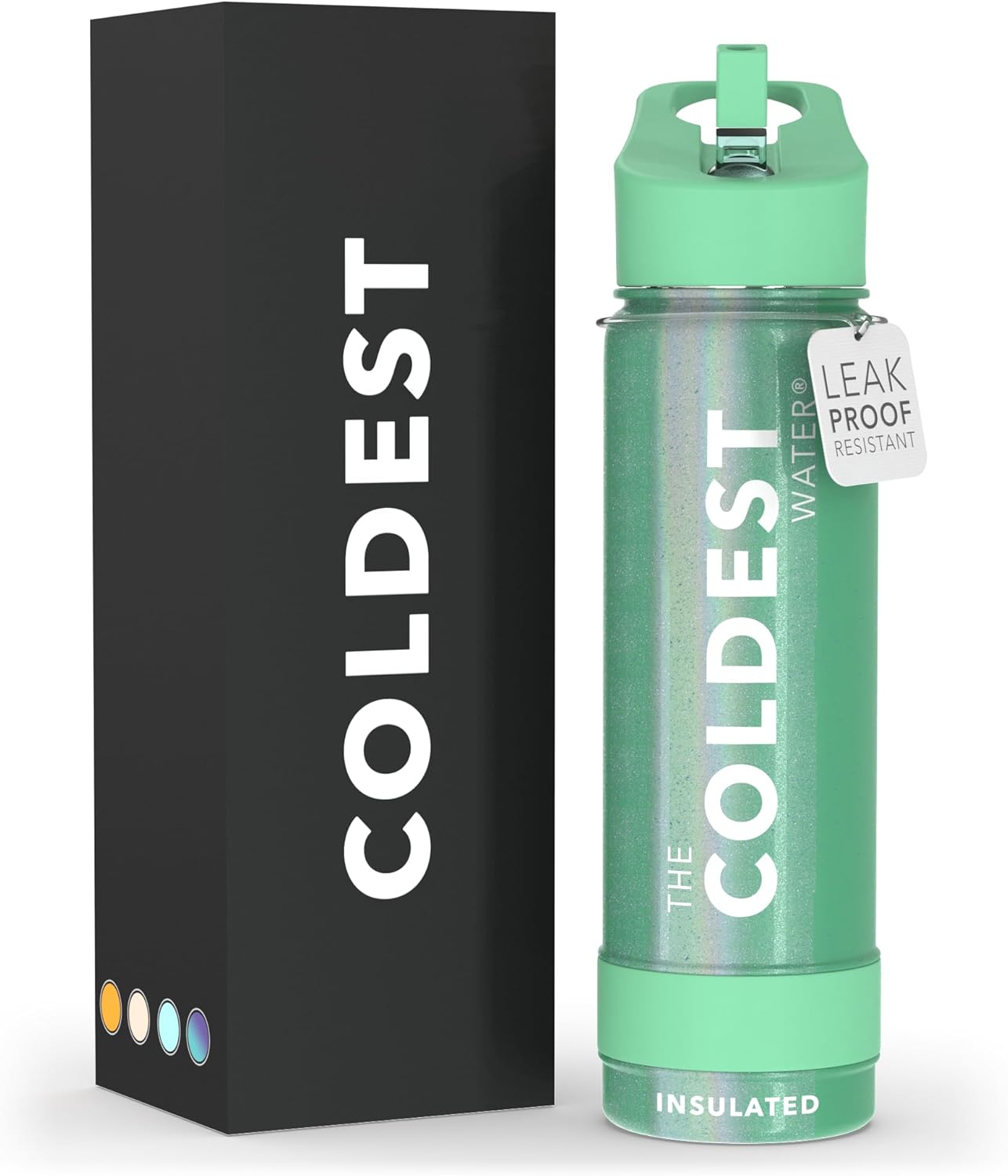 Coldest Sports Water Bottle with Straw Lid Vacuum Insulated Stainless Steel Bottles Reusable Leak Proof Flask for Sports (24 oz, Green Aurora Glitter)