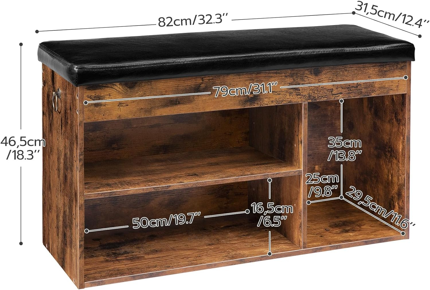 Shoe Storage Bench with Padded Cushion, Entryway Bench with Flip-Open Storage Box and Adjustable Shelf, Shoe Rack with Hidden Compartment, for Entryway, Living Room, Rustic Brown BF40HX01