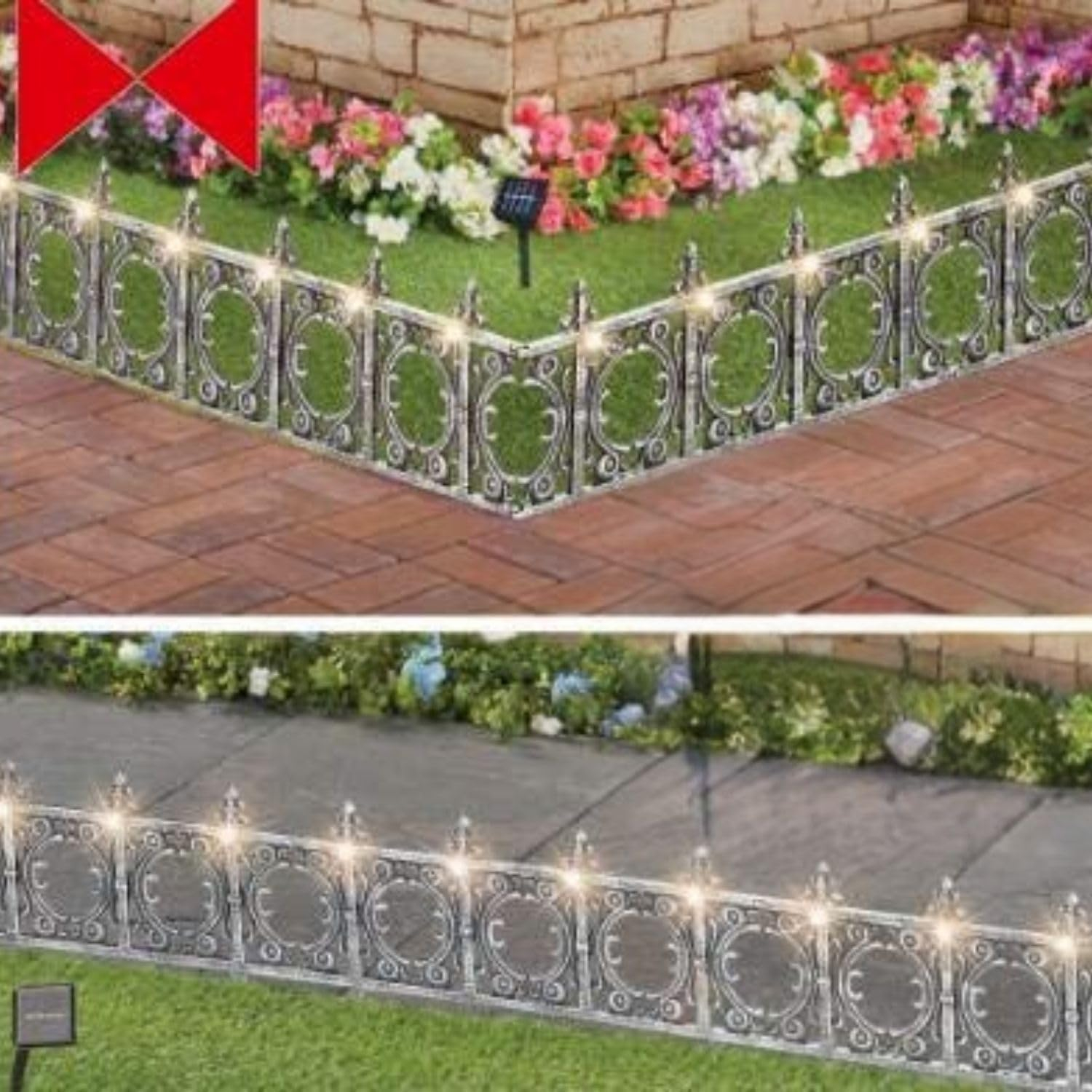 Jumbl Solar-Lit Wrought Iron Style Garden Fence (4 Panels) - Silver